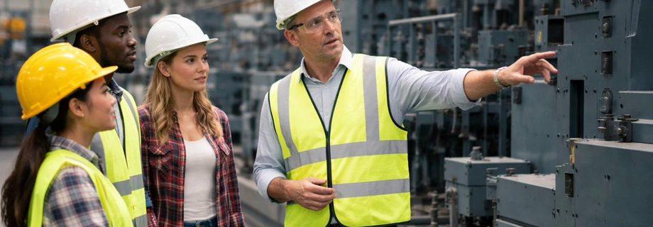 A training supervisor explaining production to apprentices
