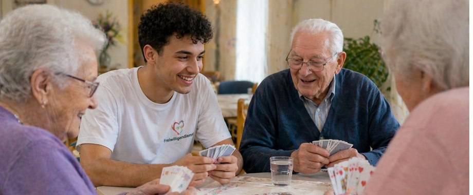 A volunteer playing cards with older residents